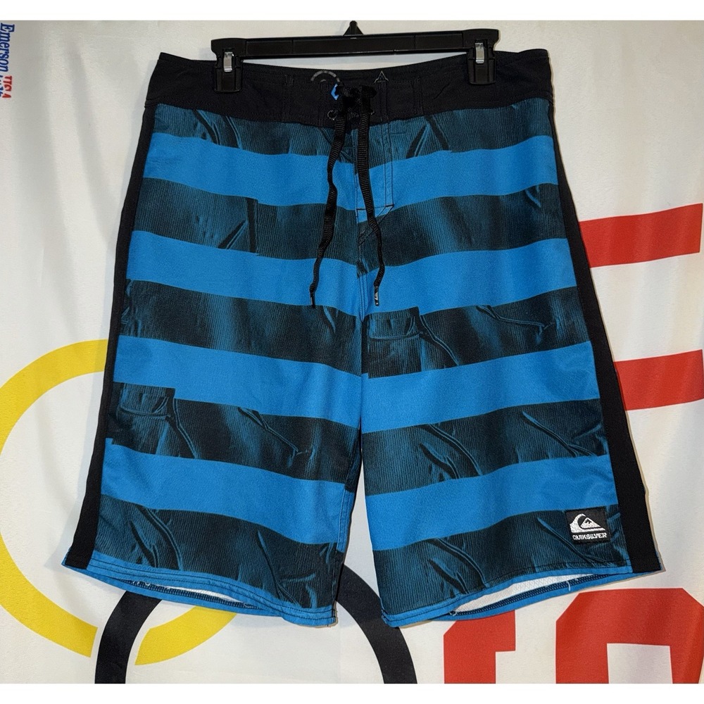 Quiksilver Board Shorts Mens 32 Cypher Series Blue Striped Surf Trunks